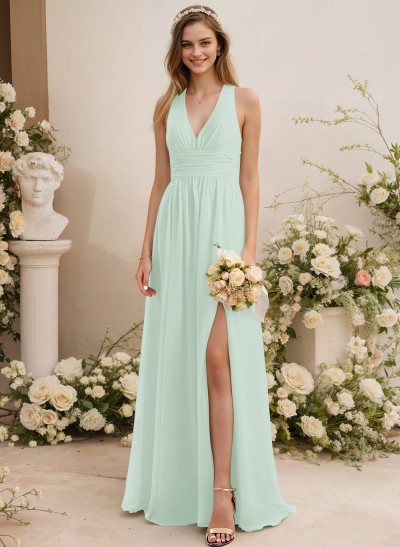 A-Line V-Neck Sleeveless Chiffon Floor-Length Bridesmaid Dress With Pleated