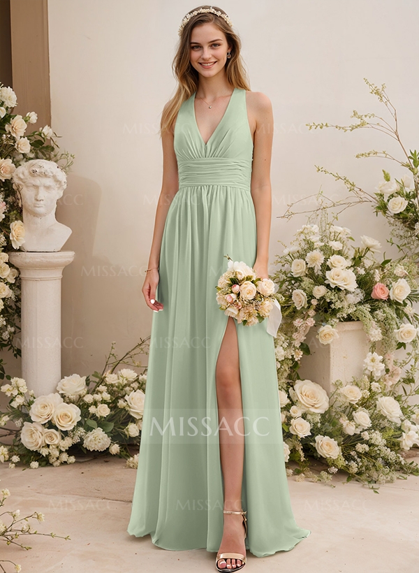 A-Line V-Neck Sleeveless Chiffon Floor-Length Bridesmaid Dress With Pleated