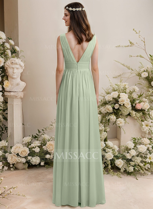 A-Line V-Neck Sleeveless Chiffon Floor-Length Bridesmaid Dress With Pleated