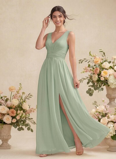 A-Line V-Neck Sleeveless Chiffon Floor-Length Bridesmaid Dress With Pleated