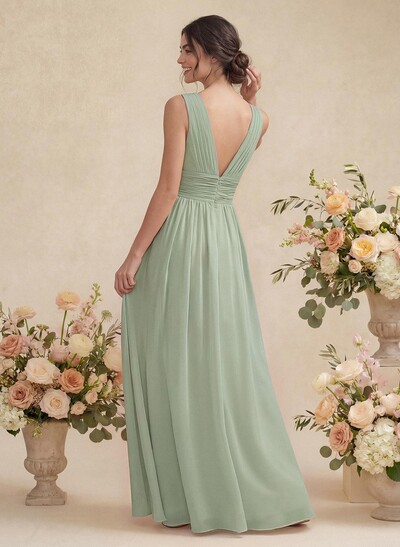 A-Line V-Neck Sleeveless Chiffon Floor-Length Bridesmaid Dress With Pleated