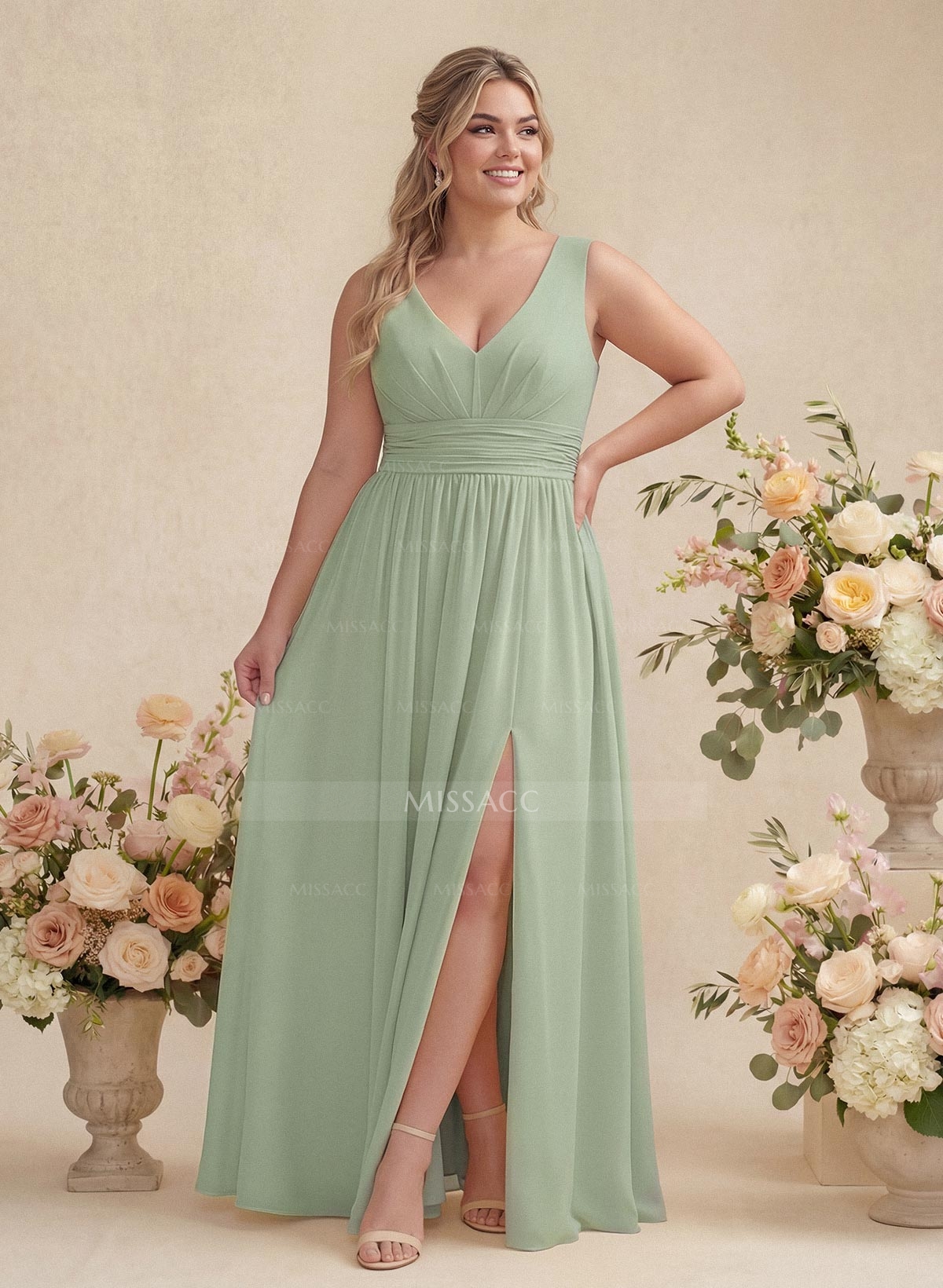 A-Line V-Neck Sleeveless Chiffon Floor-Length Bridesmaid Dress With Pleated