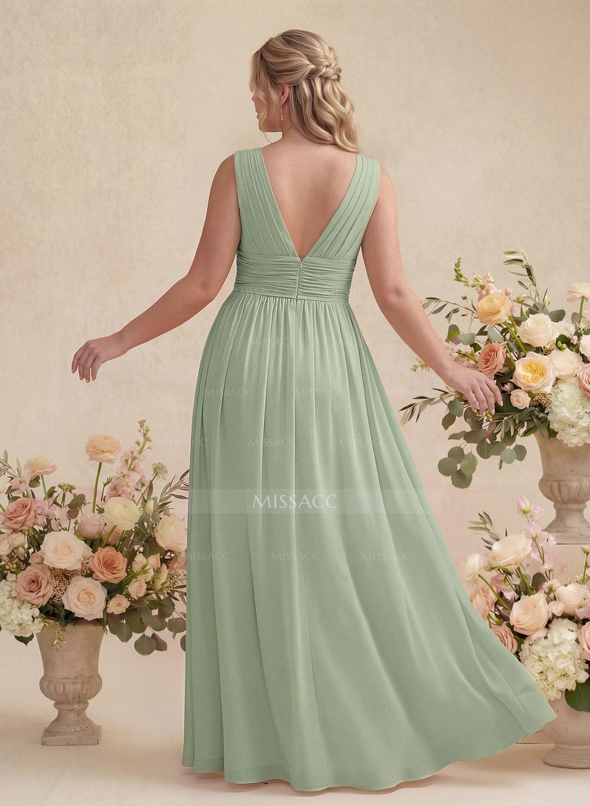 A-Line V-Neck Sleeveless Chiffon Floor-Length Bridesmaid Dress With Pleated