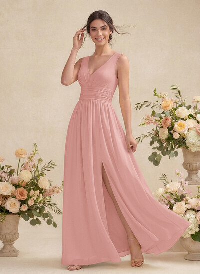 A-Line V-Neck Sleeveless Chiffon Floor-Length Bridesmaid Dress With Pleated