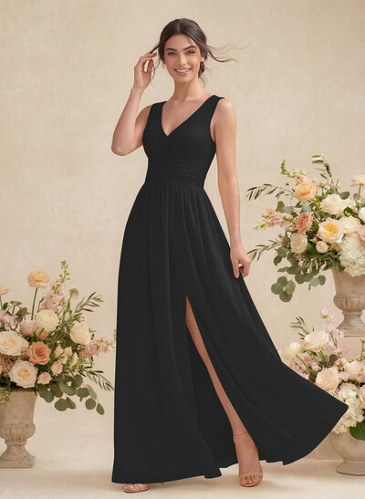A-Line V-Neck Sleeveless Chiffon Floor-Length Bridesmaid Dress With Pleated