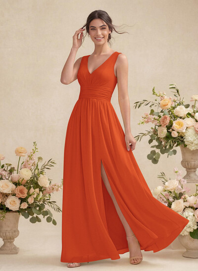 A-Line V-Neck Sleeveless Chiffon Floor-Length Bridesmaid Dress With Pleated