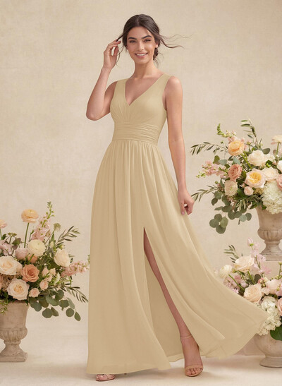 A-Line V-Neck Sleeveless Chiffon Floor-Length Bridesmaid Dress With Pleated