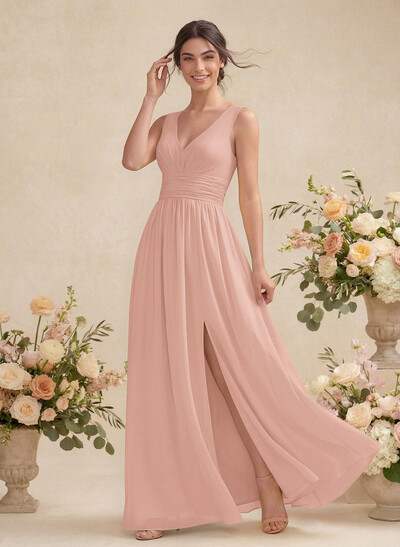 A-Line V-Neck Sleeveless Chiffon Floor-Length Bridesmaid Dress With Pleated