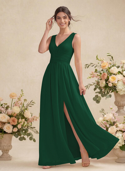 A-Line V-Neck Sleeveless Chiffon Floor-Length Bridesmaid Dress With Pleated
