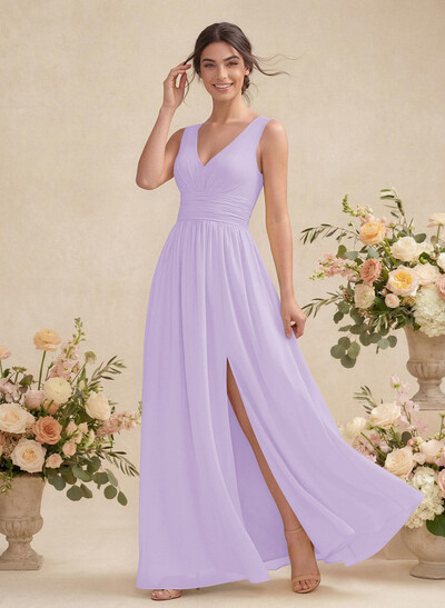 A-Line V-Neck Sleeveless Chiffon Floor-Length Bridesmaid Dress With Pleated