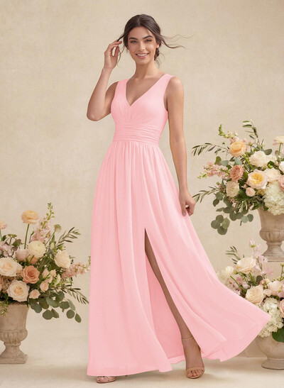 A-Line V-Neck Sleeveless Chiffon Floor-Length Bridesmaid Dress With Pleated