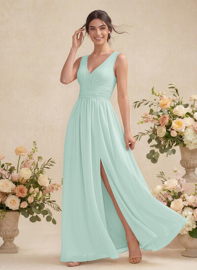 A-Line V-Neck Sleeveless Chiffon Floor-Length Bridesmaid Dress With Pleated