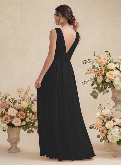 A-Line V-Neck Sleeveless Chiffon Floor-Length Bridesmaid Dress With Pleated