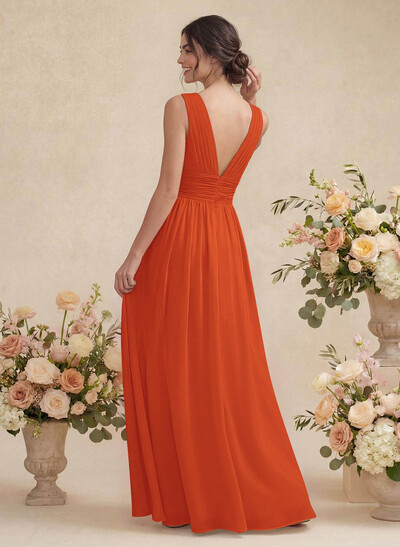 A-Line V-Neck Sleeveless Chiffon Floor-Length Bridesmaid Dress With Pleated