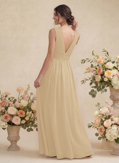 A-Line V-Neck Sleeveless Chiffon Floor-Length Bridesmaid Dress With Pleated