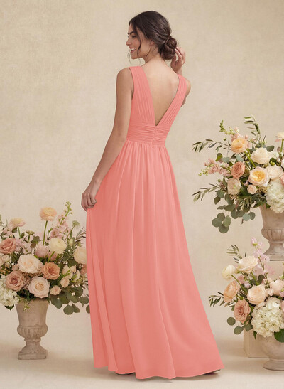 A-Line V-Neck Sleeveless Chiffon Floor-Length Bridesmaid Dress With Pleated