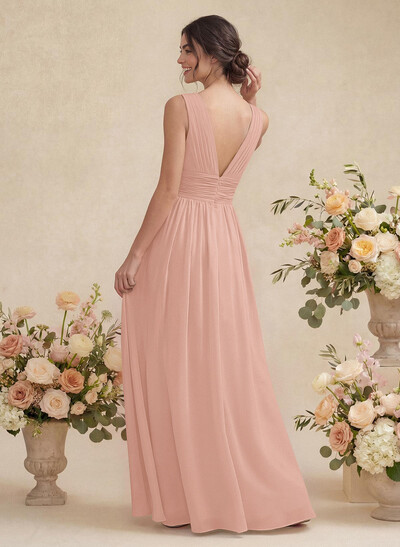 A-Line V-Neck Sleeveless Chiffon Floor-Length Bridesmaid Dress With Pleated