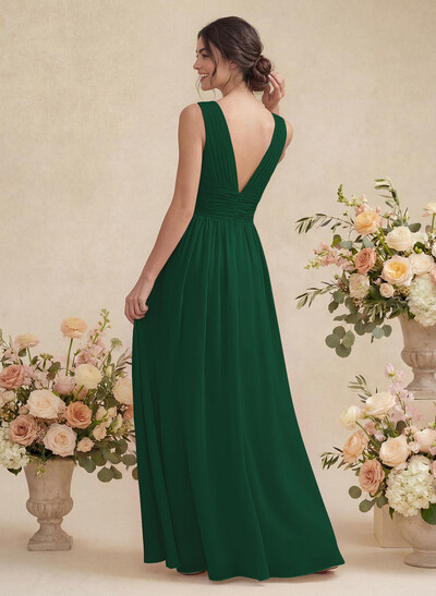 A-Line V-Neck Sleeveless Chiffon Floor-Length Bridesmaid Dress With Pleated