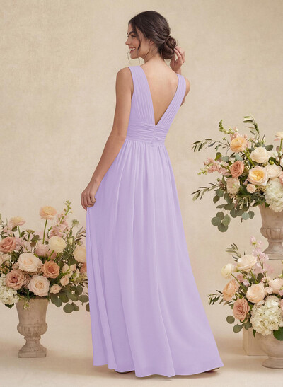 A-Line V-Neck Sleeveless Chiffon Floor-Length Bridesmaid Dress With Pleated