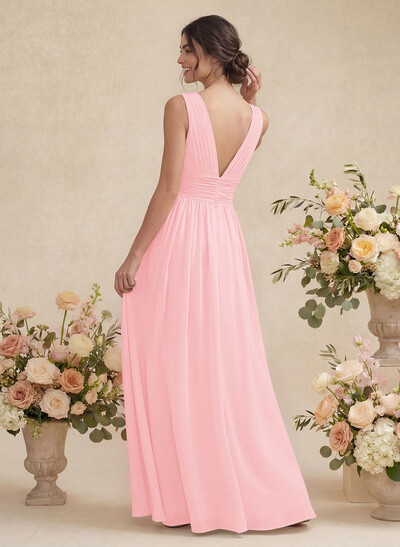 A-Line V-Neck Sleeveless Chiffon Floor-Length Bridesmaid Dress With Pleated