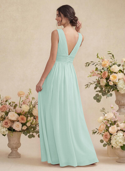 A-Line V-Neck Sleeveless Chiffon Floor-Length Bridesmaid Dress With Pleated
