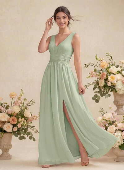 A-Line V-Neck Sleeveless Chiffon Floor-Length Bridesmaid Dress With Pleated