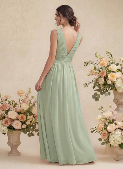 A-Line V-Neck Sleeveless Chiffon Floor-Length Bridesmaid Dress With Pleated