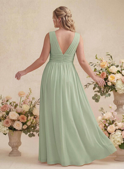 A-Line V-Neck Sleeveless Chiffon Floor-Length Bridesmaid Dress With Pleated