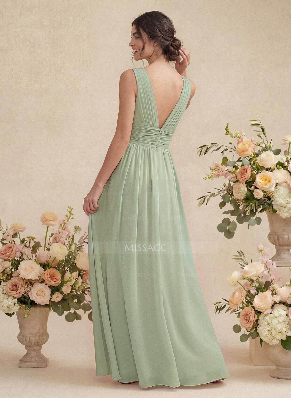 A-Line V-Neck Sleeveless Chiffon Floor-Length Bridesmaid Dress With Pleated
