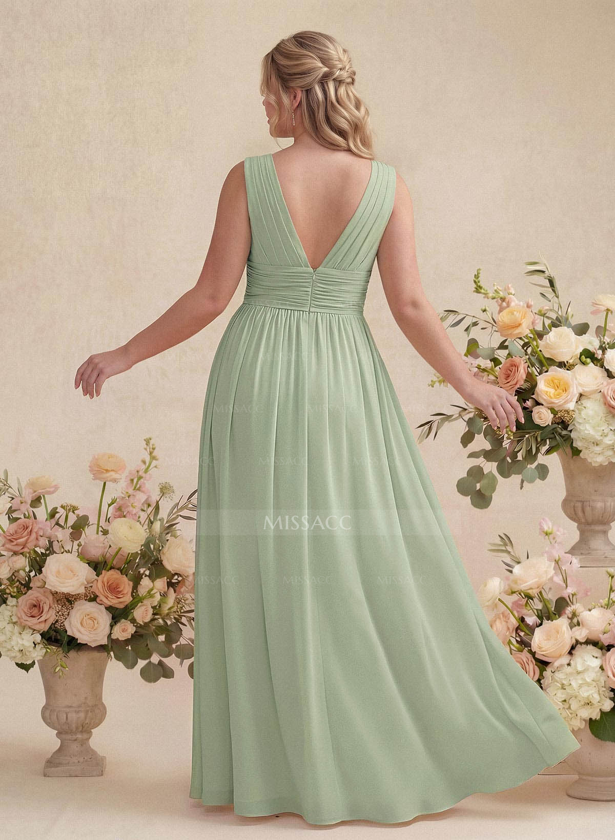 A-Line V-Neck Sleeveless Chiffon Floor-Length Bridesmaid Dress With Pleated