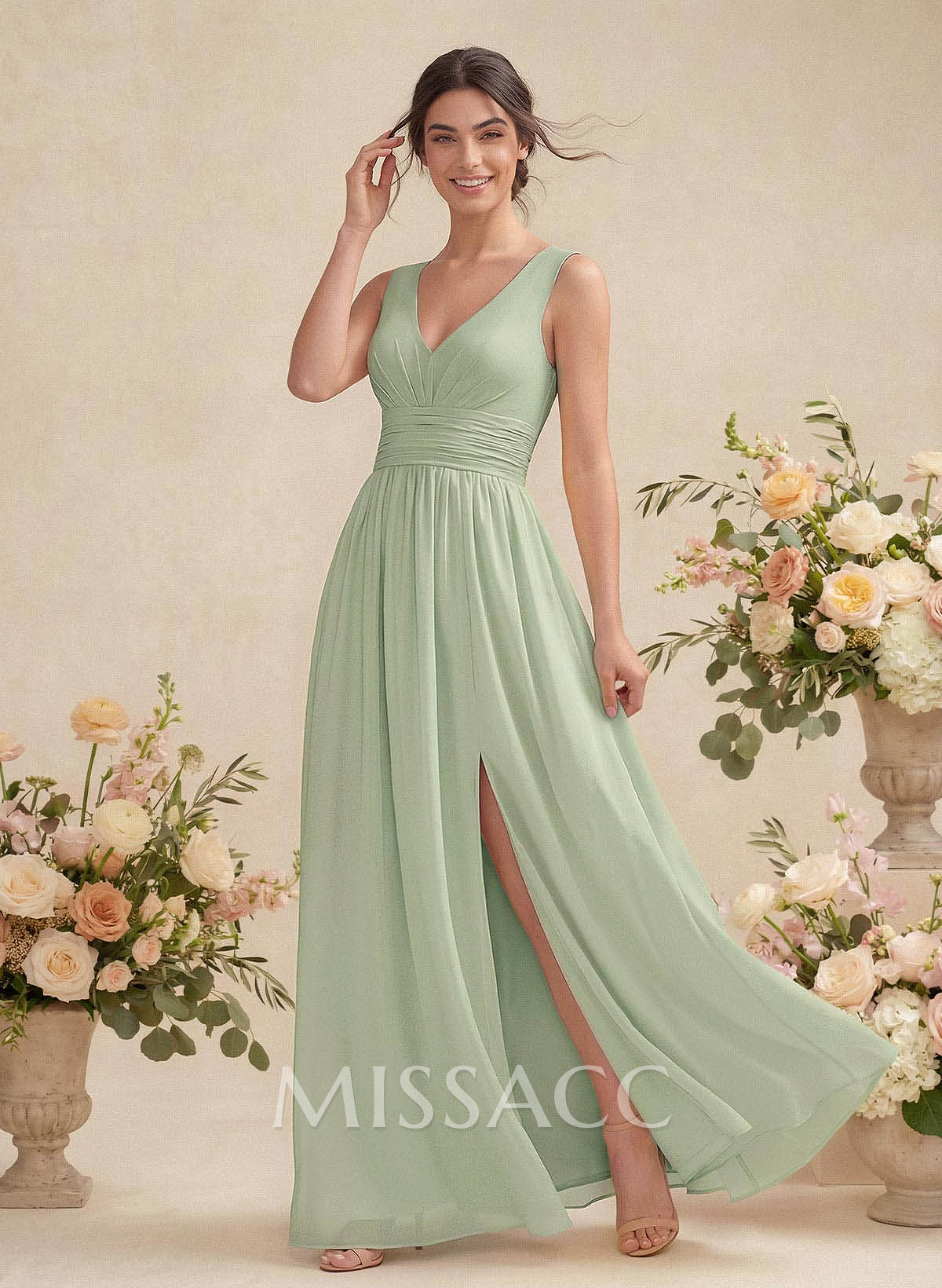 A-Line V-Neck Sleeveless Chiffon Floor-Length Bridesmaid Dress With Pleated A-Line V-Neck Sleeveless Chiffon Floor-Length Bridesmaid Dress With Pleated