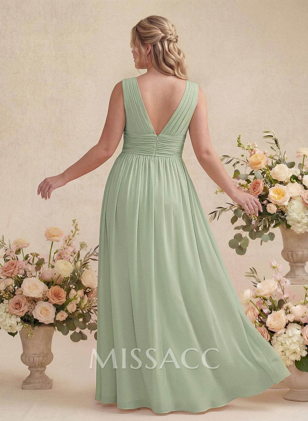 A-Line V-Neck Sleeveless Chiffon Floor-Length Bridesmaid Dress With Pleated A-Line V-Neck Sleeveless Chiffon Floor-Length Bridesmaid Dress With Pleated