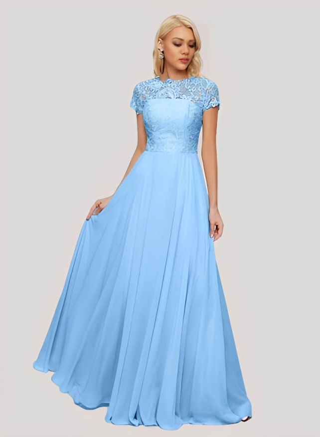 A-Line Scoop Neck Sleeveless Cap Straps Chiffon Floor-Length Bridesmaid Dress With Lace