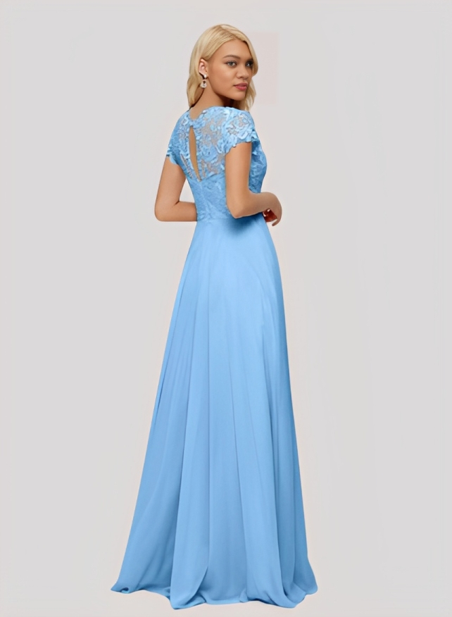 A-Line Scoop Neck Sleeveless Cap Straps Chiffon Floor-Length Bridesmaid Dress With Lace