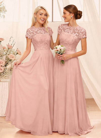 A-Line Scoop Neck Sleeveless Cap Straps Chiffon Floor-Length Bridesmaid Dress With Lace
