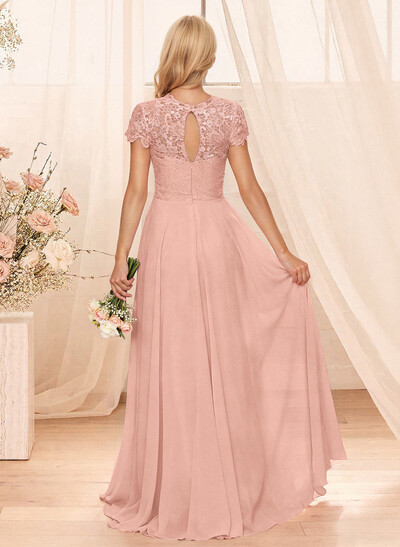A-Line Scoop Neck Sleeveless Cap Straps Chiffon Floor-Length Bridesmaid Dress With Lace