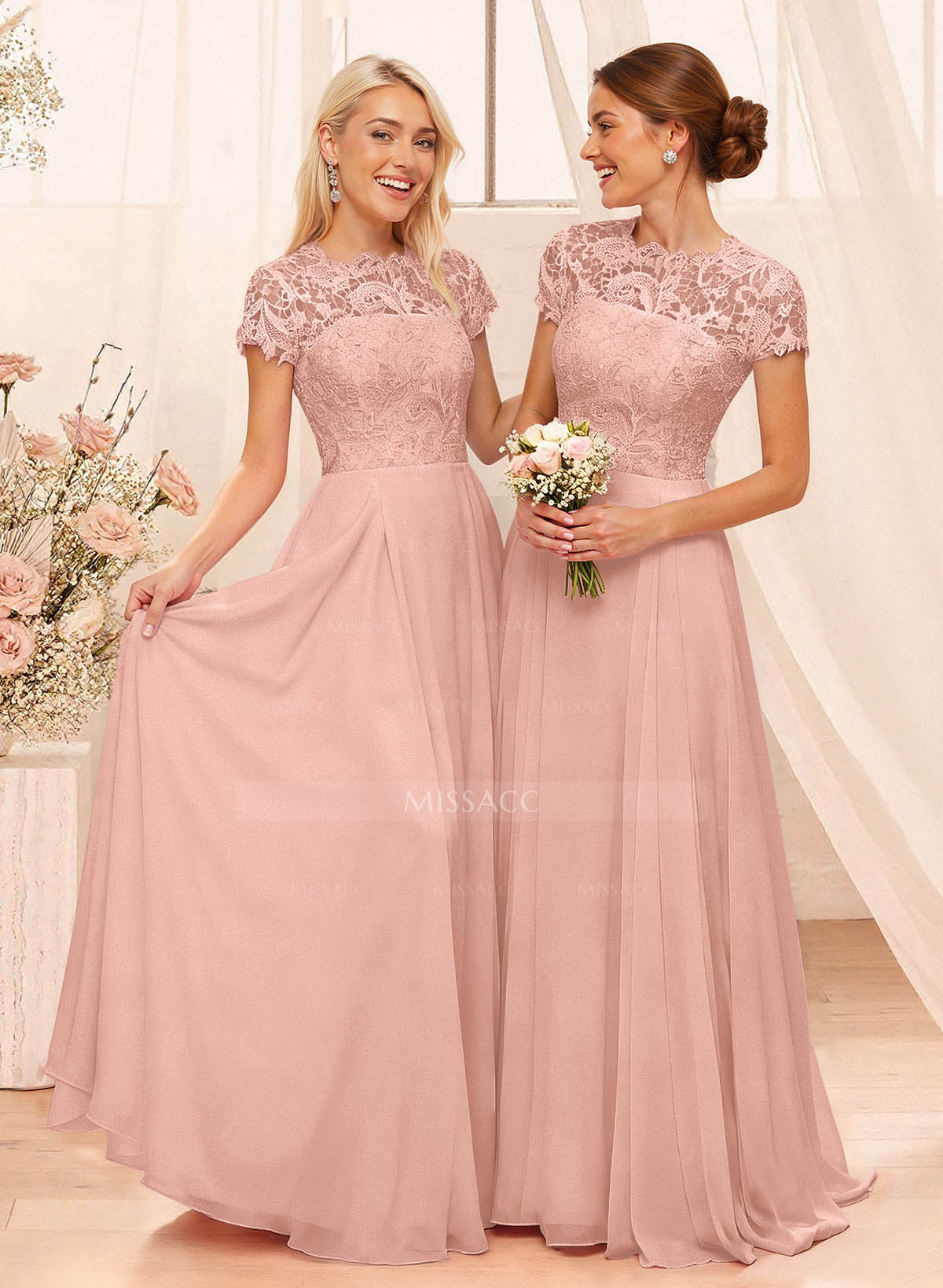 A-Line Scoop Neck Sleeveless Cap Straps Chiffon Floor-Length Bridesmaid Dress With Lace