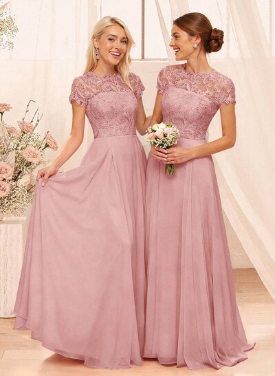A-Line Scoop Neck Sleeveless Cap Straps Chiffon Floor-Length Bridesmaid Dress With Lace