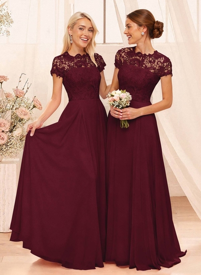 A-Line Scoop Neck Sleeveless Cap Straps Chiffon Floor-Length Bridesmaid Dress With Lace