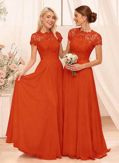 A-Line Scoop Neck Sleeveless Cap Straps Chiffon Floor-Length Bridesmaid Dress With Lace