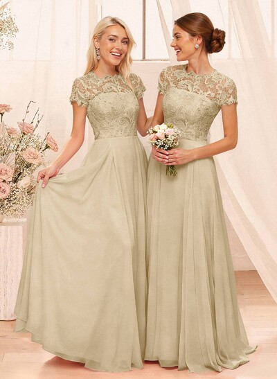 A-Line Scoop Neck Sleeveless Cap Straps Chiffon Floor-Length Bridesmaid Dress With Lace