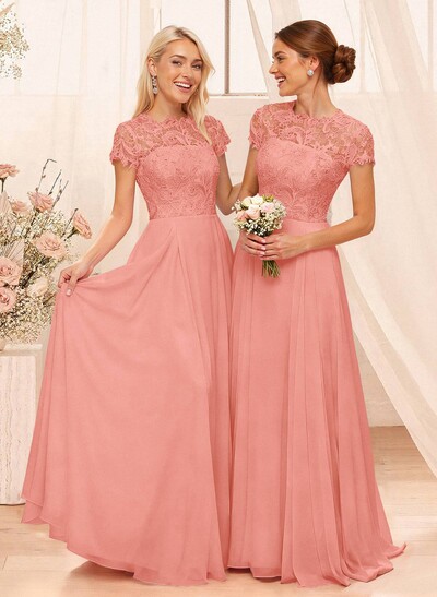 A-Line Scoop Neck Sleeveless Cap Straps Chiffon Floor-Length Bridesmaid Dress With Lace
