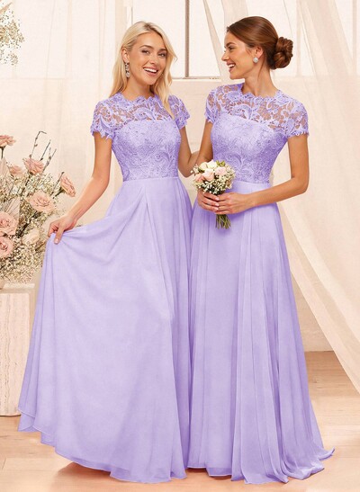 A-Line Scoop Neck Sleeveless Cap Straps Chiffon Floor-Length Bridesmaid Dress With Lace