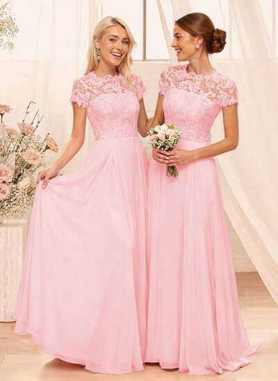 A-Line Scoop Neck Sleeveless Cap Straps Chiffon Floor-Length Bridesmaid Dress With Lace
