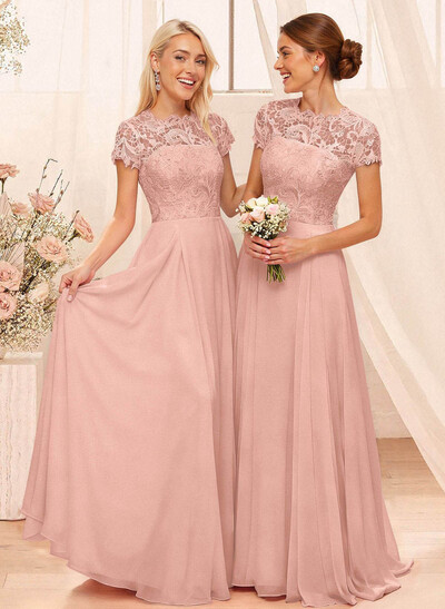 A-Line Scoop Neck Sleeveless Cap Straps Chiffon Floor-Length Bridesmaid Dress With Lace
