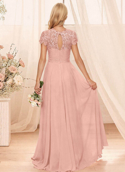 A-Line Scoop Neck Sleeveless Cap Straps Chiffon Floor-Length Bridesmaid Dress With Lace