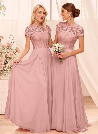 A-Line Scoop Neck Sleeveless Cap Straps Chiffon Floor-Length Bridesmaid Dress With Lace