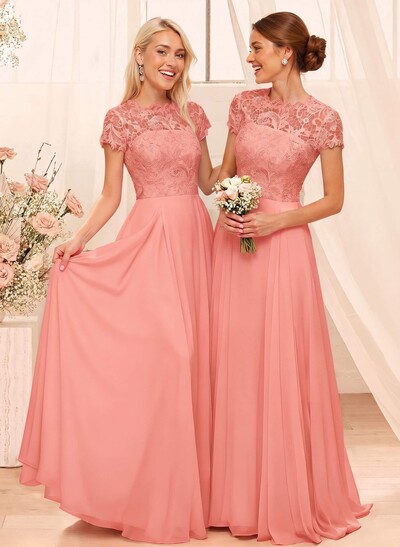 A-Line Scoop Neck Sleeveless Cap Straps Chiffon Floor-Length Bridesmaid Dress With Lace