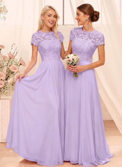 A-Line Scoop Neck Sleeveless Cap Straps Chiffon Floor-Length Bridesmaid Dress With Lace
