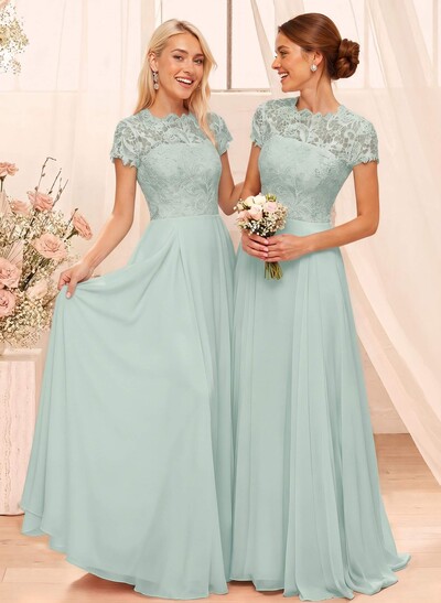 A-Line Scoop Neck Sleeveless Cap Straps Chiffon Floor-Length Bridesmaid Dress With Lace